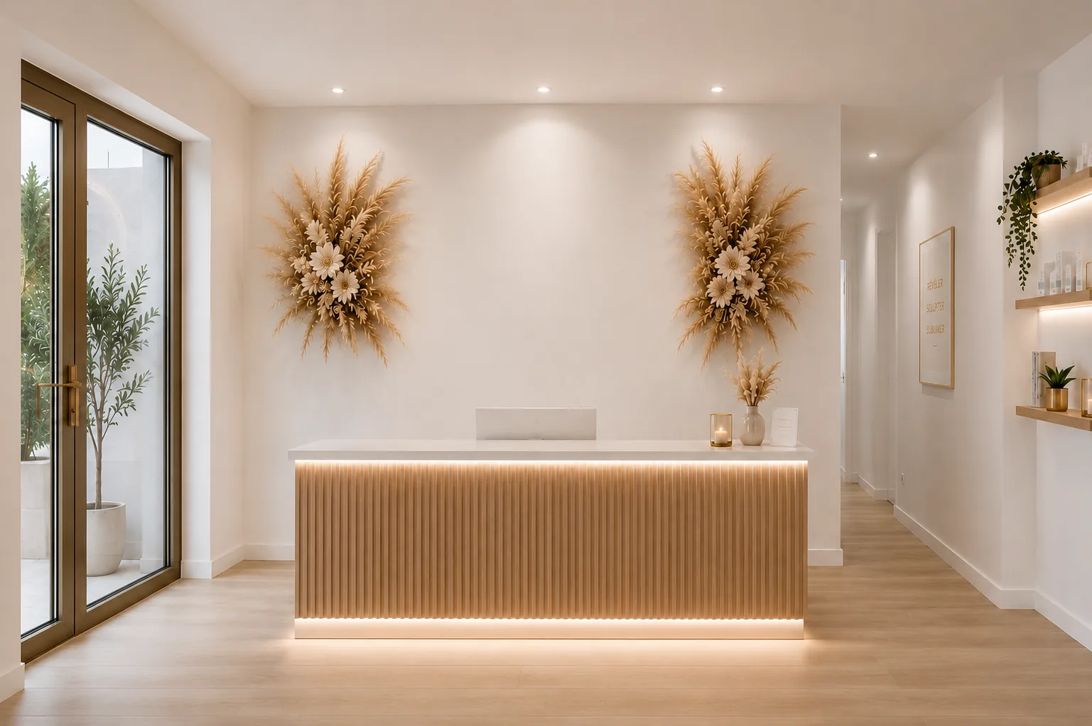 Comptoir d'accueil de l'institut SkinShape, ambiance lumineuse et pampas