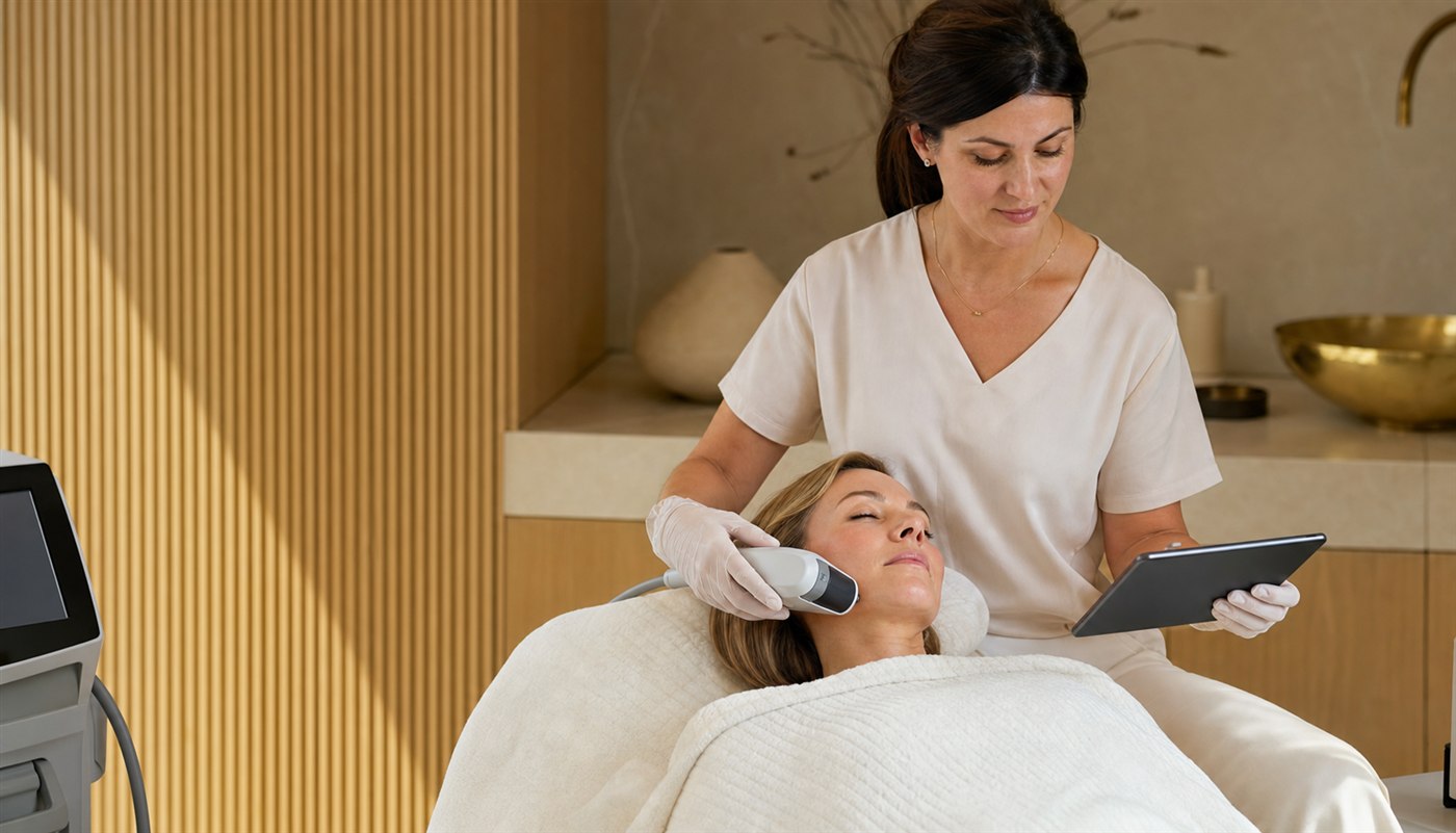 Soin HIFU du visage réalisé avec une sonde à ultrasons