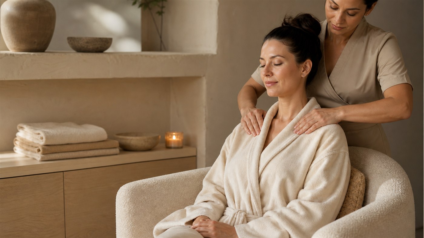 Massage relaxant des épaules dans un espace bien-être chaleureux